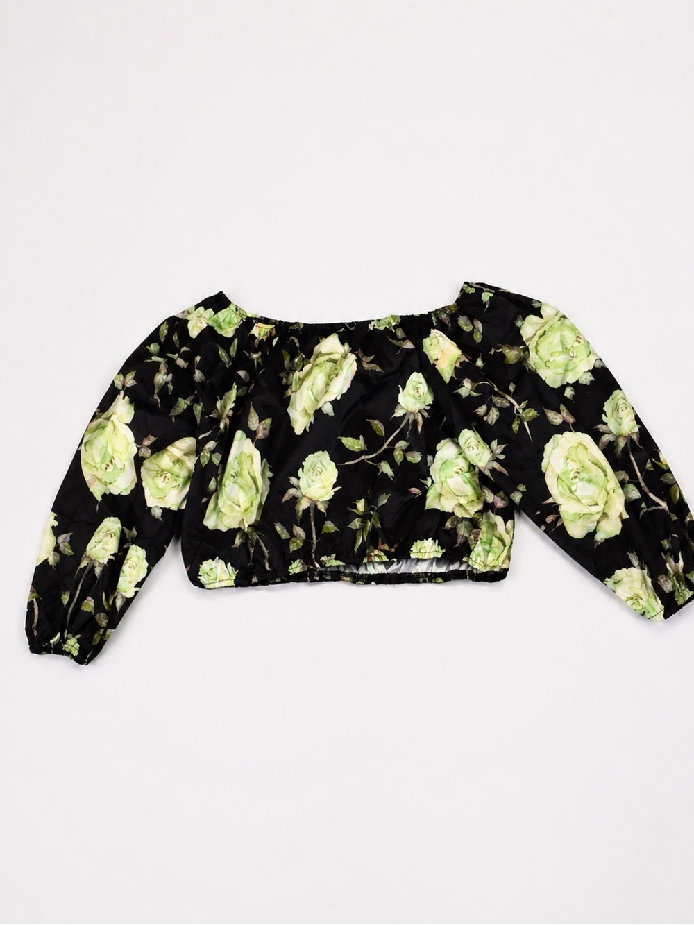 S-DEER Black Floral Off Shoulder Crop Top Green  Long Sleeve Boho Size Large NWT